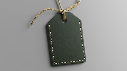 3D  render of a green leatherlabel mockup hanging on a string, front view, flat lay, isolated, on a grey background with a lot of blank space as a placeholder for any text or logo