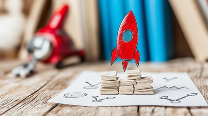 Poster - creative representation of red rocket launching from stack of ideas, symbolizing innovation and growth. scene captures playful yet inspiring atmosphere, perfect for conveying concepts of creativity
