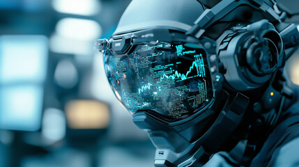 Aufkleber - futuristic robot face with helmet displays stock market charts reflected in its visor, symbolizing intersection of technology and finance. image evokes sense of innovation and advanced analytics