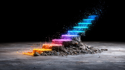 Poster - vibrant abstract staircase made of bright neon lines emerges from rocky base, leading upwards in captivating display of color and light. scene evokes sense of wonder and creativity
