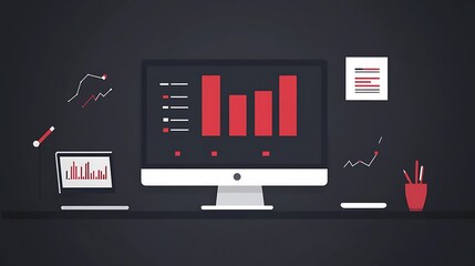 Poster - Modern Office Desk with Computer Displaying Bar Chart