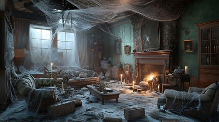 Poster - the early Victorian horror shows, showcasing an eerie haunted house filled with cobwebs, antique furniture, and flickering candlelight, evoking a sense of history and fear