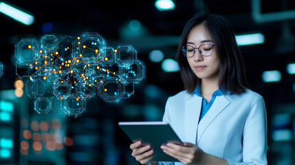 Poster - Innovative business woman sketching digital idea on tablet, surrounded by technology and data visualization. Her focused expression reflects creativity and determination