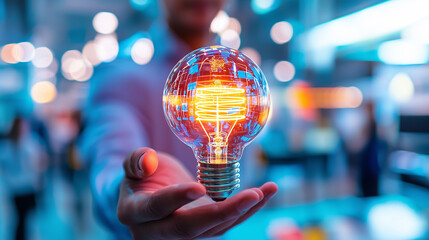 Aufkleber - businessman is balancing glowing light bulb on his finger, symbolizing innovation and creativity in modern workspace. vibrant colors and soft focus create inspiring atmosphere