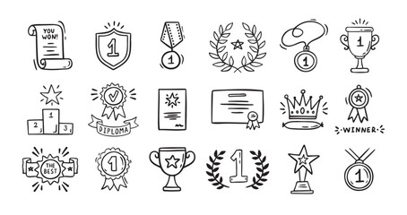 awards doodle, trophy cups, first place medals and diploma set. hand drawn champion trophy cup and g