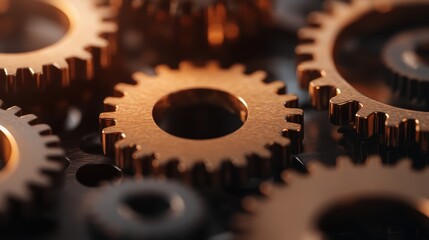 Poster - A close-up view of bronze gears interlocking and glistening under warm light, highlighting the intricacies of mechanical engineering and industrial design.