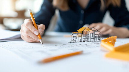 Poster - businesswoman sketching futuristic cityscape with pencil, showcasing creativity and innovation in architecture. scene captures blend of design and planning