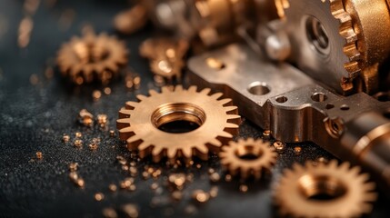 Poster - A detailed look at a set of intricately placed gears on a dark textured surface, representing the precision and delicate nature of mechanical assembly and design.