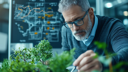 Poster - focused man is working on small green plant in office environment, surrounded by architectural plans and charts. His attention to detail reflects passion for nature and design