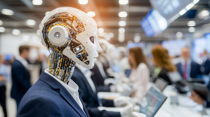 Poster - Innovative robots in business suits engage at stock exchange, showcasing advanced technology and professionalism. Their presence reflects futuristic approach to finance and trading