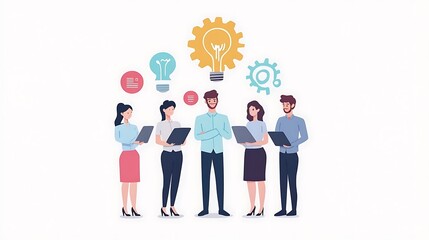 Poster - a group of businesspeople brainstorming ideas with lightbulbs and gears