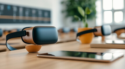 Poster - High tech classroom featuring virtual reality headsets and tablets, designed for modern learning experiences. environment promotes engagement and innovation in education