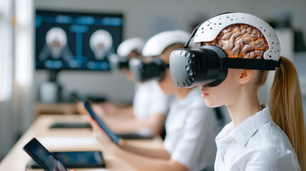 Poster - Innovative classroom featuring students using virtual reality headsets and tablets, enhancing their learning experience with advanced technology