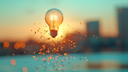 Aufkleber - glowing lightbulb floats above shimmering cityscape at sunset, surrounded by sparkling confetti. This captivating scene evokes sense of creativity and inspiration