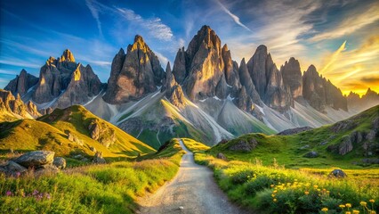 Wall Mural - A Winding Path Through a Valley of Towering Peaks, Bathed in the Golden Light of Sunset