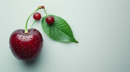 A Single Red Cherry with Dewdrops, Stem and Leaf