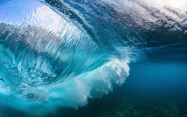 a wave in the pacific ocean seen from below the water