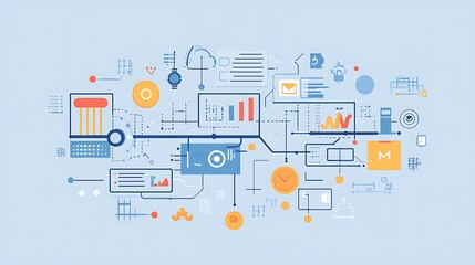 Poster - Abstract illustration of a connected system with various data points and symbols