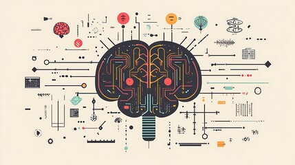 Poster - Abstract brain with circuit board pattern and geometric symbols
