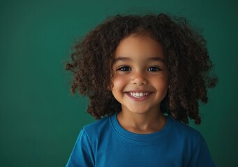 Smiling young girl with curly hair wearing a blue shirt against green background Generative AI