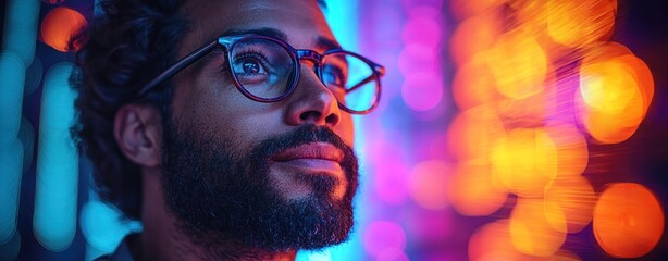 Focused man with glasses looking at vibrant code on screen in a dimly lit room Generative AI