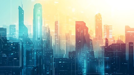 Poster - Futuristic Cityscape with Digital Overlays at Sunset