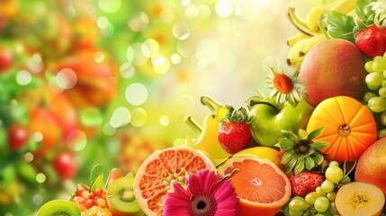 Poster - Fresh fruits in vibrant colors are artfully arranged with flowers, creating a lively composition full of natural beauty and freshness. Generative AI