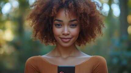 Wall Mural - A woman with curly hair is holding a cell phone