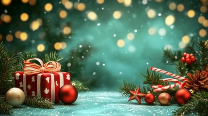 Wall Mural - merry christmas and happy new year greeting card design featuring festive elements and copy space fo
