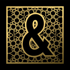 Poster - Ampersand symbol is carved in vintage patterned square on black background. Golden monogram in vintage style.