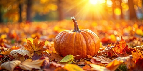 Poster - A single orange pumpkin rests on a bed of fallen autumn leaves, bathed in the warm glow of the setting sun.