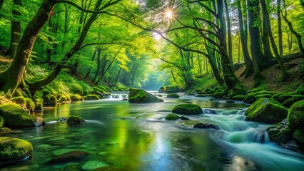 Sticker - Sunlight filtering through the canopy illuminates a winding river, revealing a landscape adorned with moss-covered boulders and lush greenery.