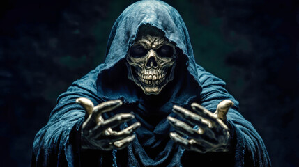 Grim reaper figure with skull face extending hands towards the camera against a dark background in a cinematic style fantasy horror setting