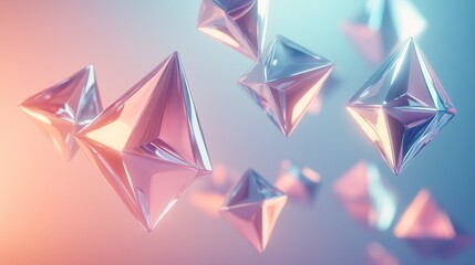 Poster - Floating geometric shapes in a soft gradient background showcasing light reflections and modern design elements in abstract art