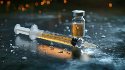 Close-up of a realistic syringe and test tube with liquid on a dark background highlighting medical equipment and laboratory settings