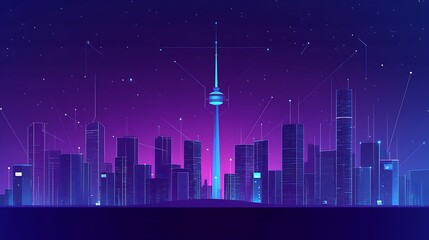 Poster - Neon Cityscape with a Towering Structure and a Starry Night Sky