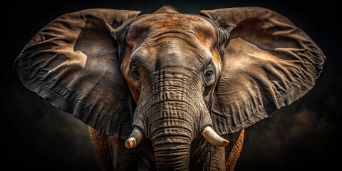 A majestic elephant stares intently into the camera, its wrinkled skin reflecting the golden light, its large ears framing a powerful presence.