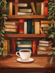 Fototapete - A comfortable setting features a coffee cup on a wooden surface, surrounded by vibrant books, perfect for reading and relaxation. Generative AI