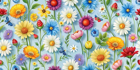 Canvas Print - A vibrant tapestry of blossoms, each a unique hue, dancing in a symphony of color on a soft blue canvas.