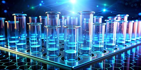 glass tubes filled with glowing liquid rest on a metallic platform, illuminated by an abstract blue 
