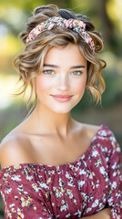 Portrait of a young woman with curly hair and floral attire, outdoors with soft lighting.