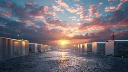 Poster - A large empty lot with a bunch of white containers and a sun in the sky