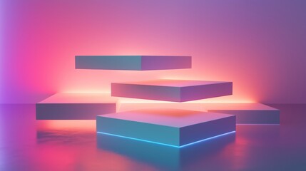 Poster - Floating rectangular platforms illuminated with colorful lights against an abstract background in a dimly lit setting