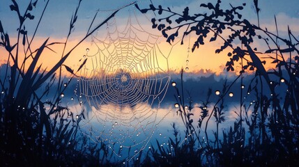 Poster - Close up of a spider web adorned with water droplets captured in soft morning light showcasing an abstract monochrome aesthetic in a serene marsh setting
