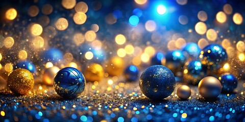 Canvas Print - Sparkling Blue and Gold Ornaments on a Glittering Surface with a Softly Blurred Background of Bokeh Lights