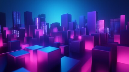 Poster - Vibrant digital cityscape at night with neon lights illuminating modern architecture and abstract forms