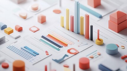 Poster - Colorful 3D Geometric Shapes on White Background with Charts and Graphs