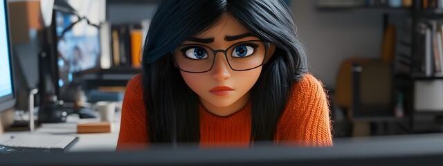 Wall Mural - A cinematic still of an Indian woman with black hair and blue eyes wearing glasses, she is sitting at her desk in front of the computer screen