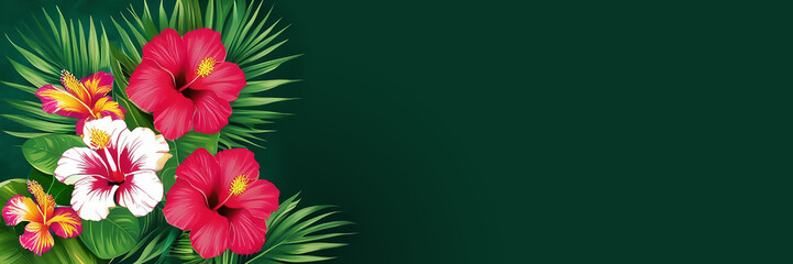 Bright tropical summer flowers and palm leaves on green background