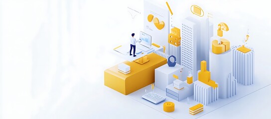 Poster - A Person Working with Charts and Graphs in a Cityscape of Geometric Shapes